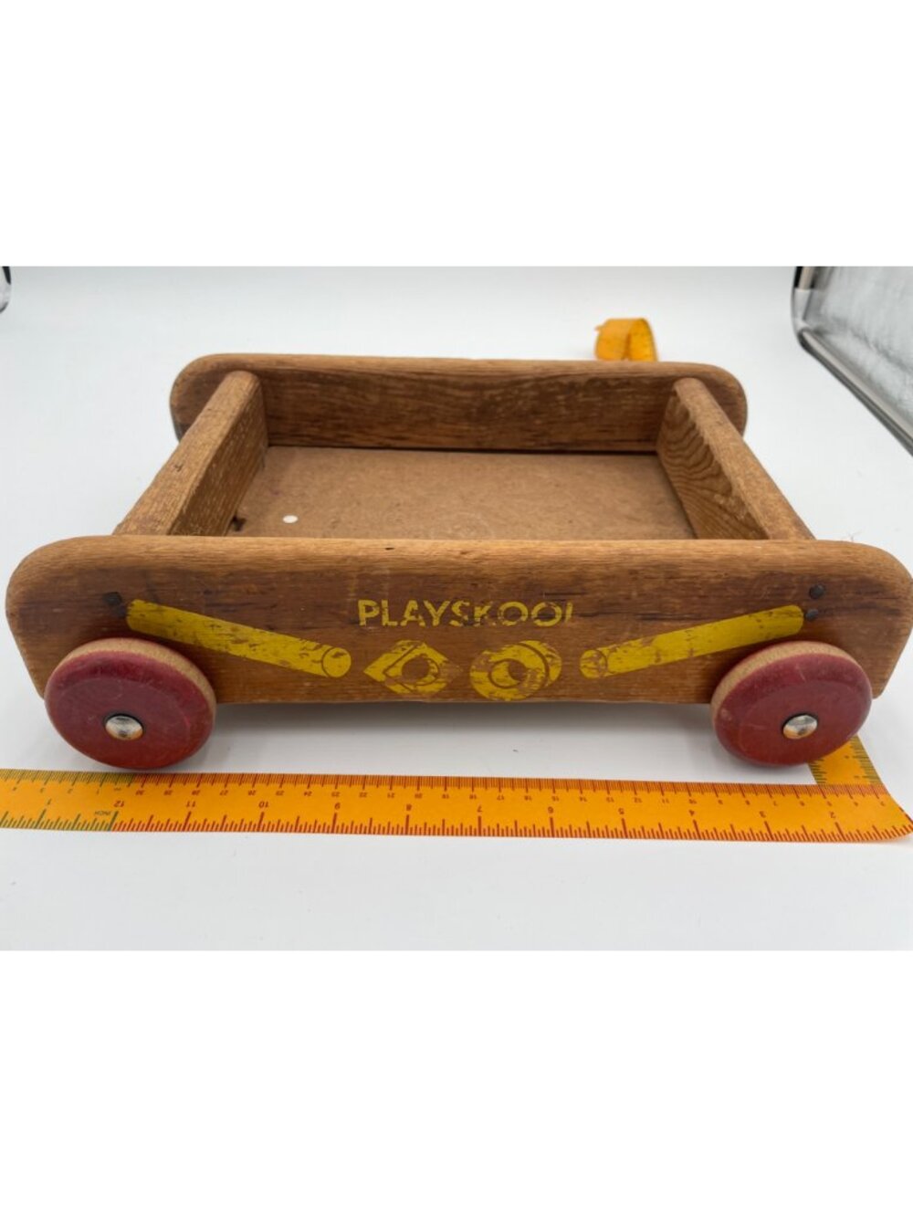 Vintage Playskool Wooden Toy Cart With Red Wheels & Yellow Accents AS IS